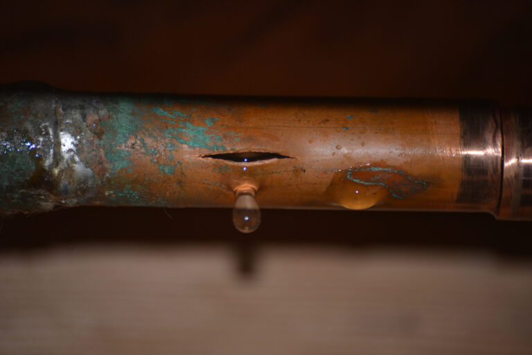 Burst copper water pipe, still dripping.