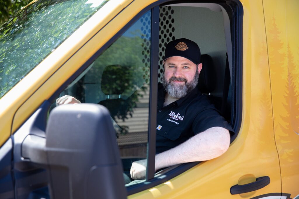 Plumber arriving in truck to service a customer.