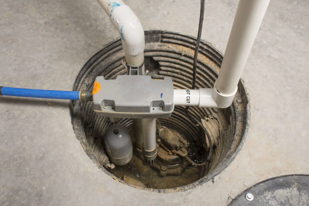 Residential sump pump in basement