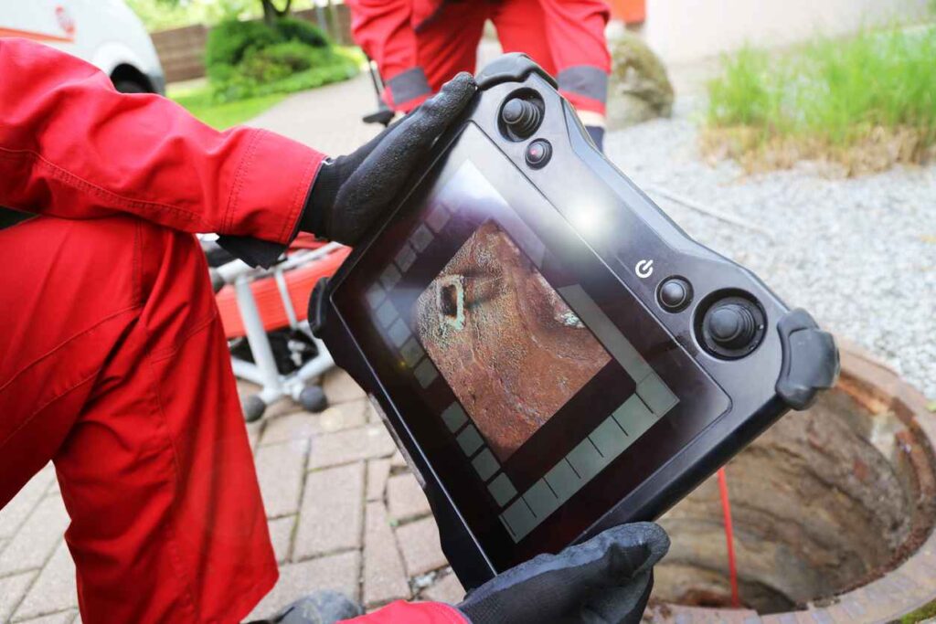Plumber using a camera and video technology to inspect a sewer line